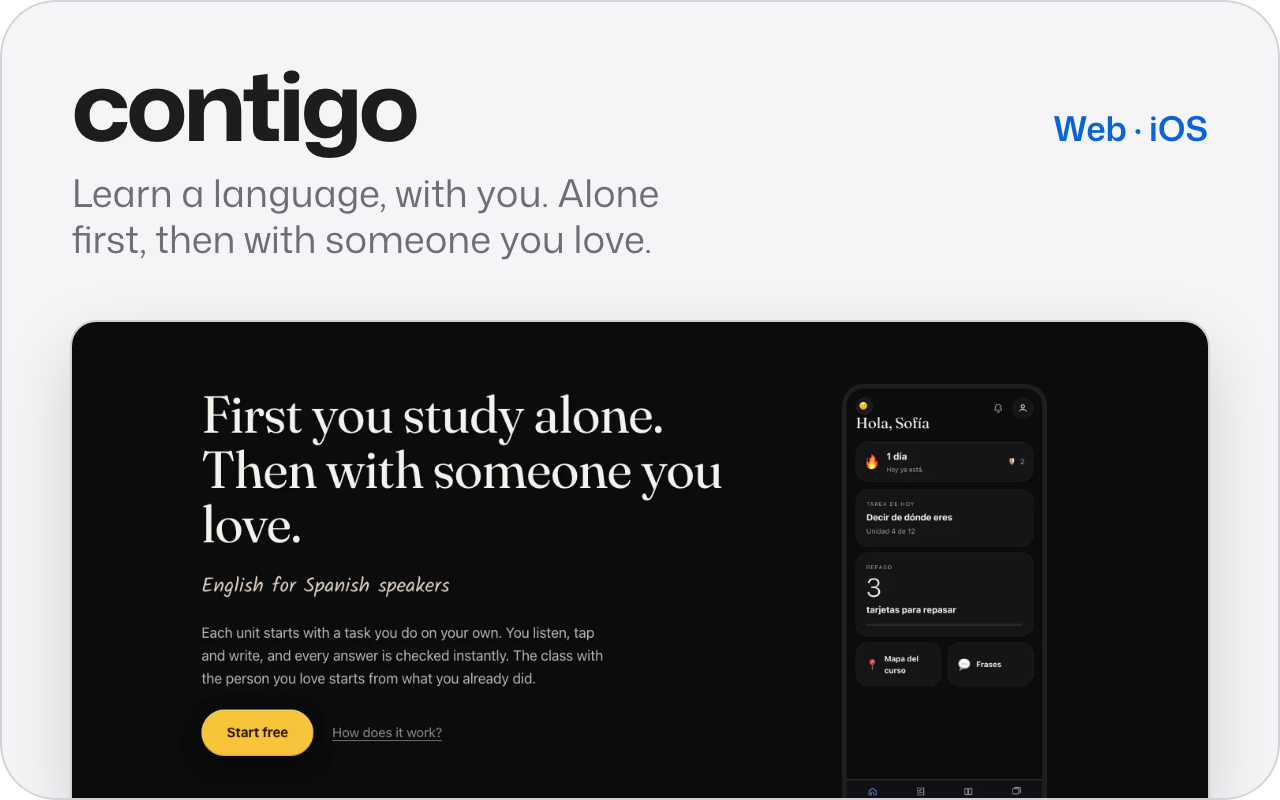 contigo. Learn a language, with you. Alone first, then with someone you love. Shows the start of its site, with the headline about studying alone first and then with someone, beside a phone showing the app.