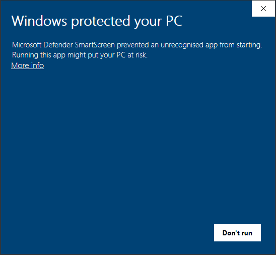 Microsoft Defender SmartScreen prevented an unrecognised app from starting. Running this app might put your PC at risk.