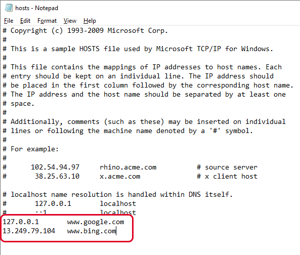 Hosts file example