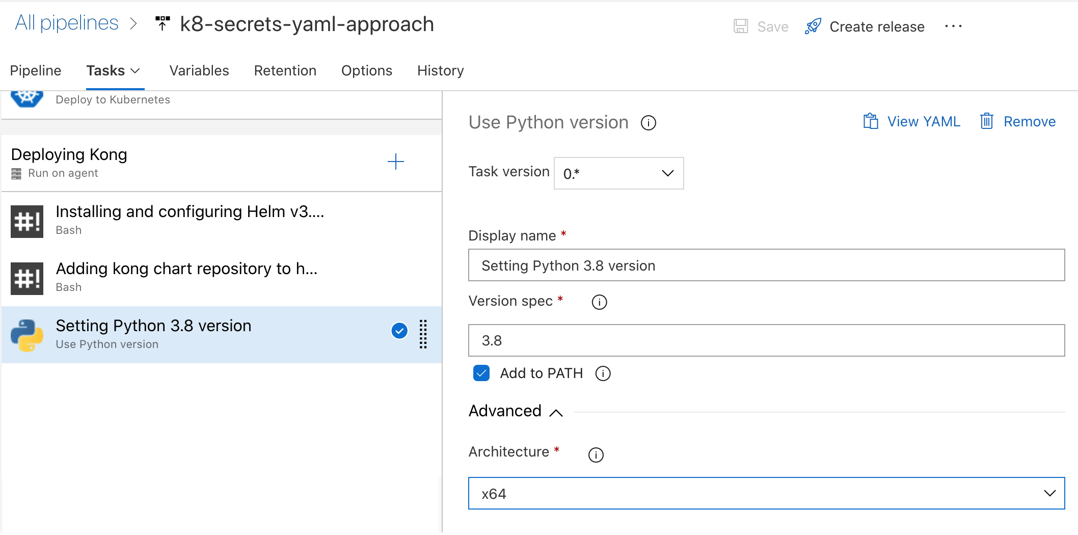 Install python 3.8 on the Azure DevOps agent