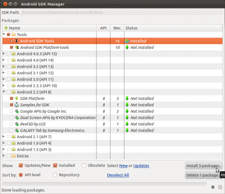 Android SDK components (shown ticked)