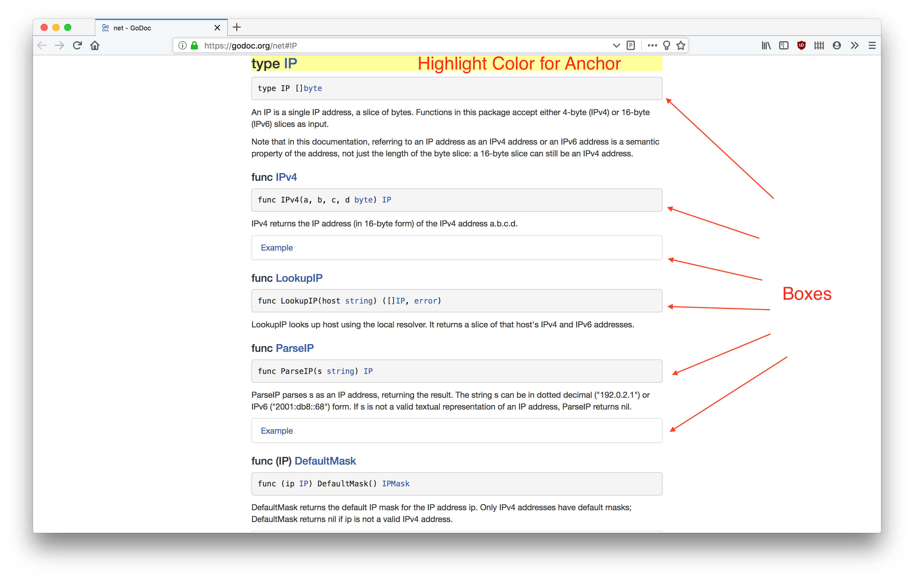 Screenshot of Go's net.IP docs with visually noisy elements pointed out