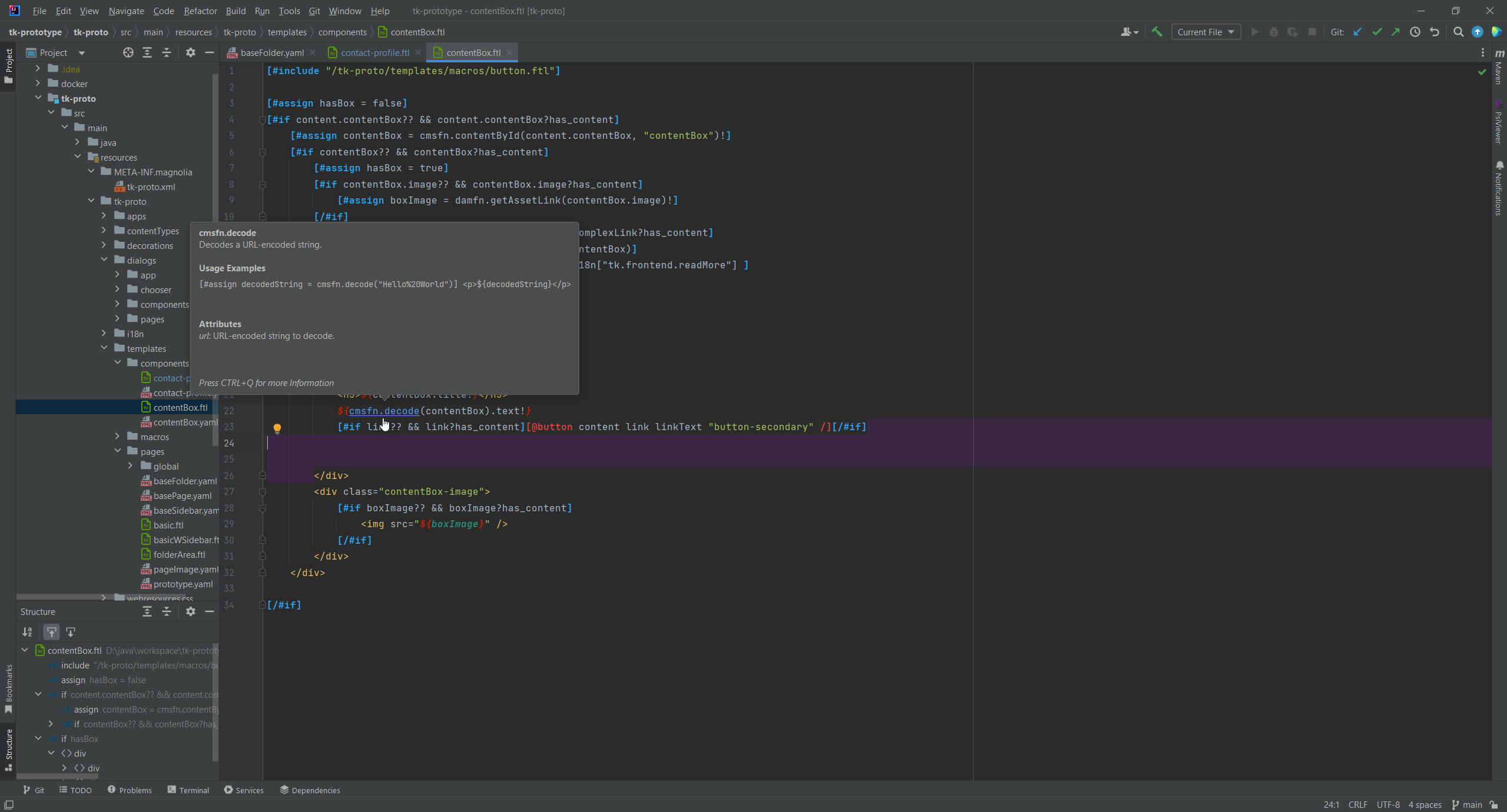 A screenshot of a JetBrains IDE showing a user looking at the magnolia documentation