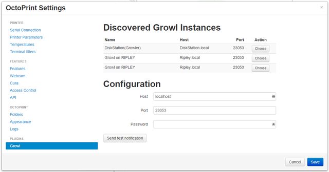 Growl plugin: Settings dialog with discovered local Growl instances