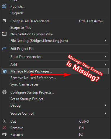 Missing User Secrets context menu