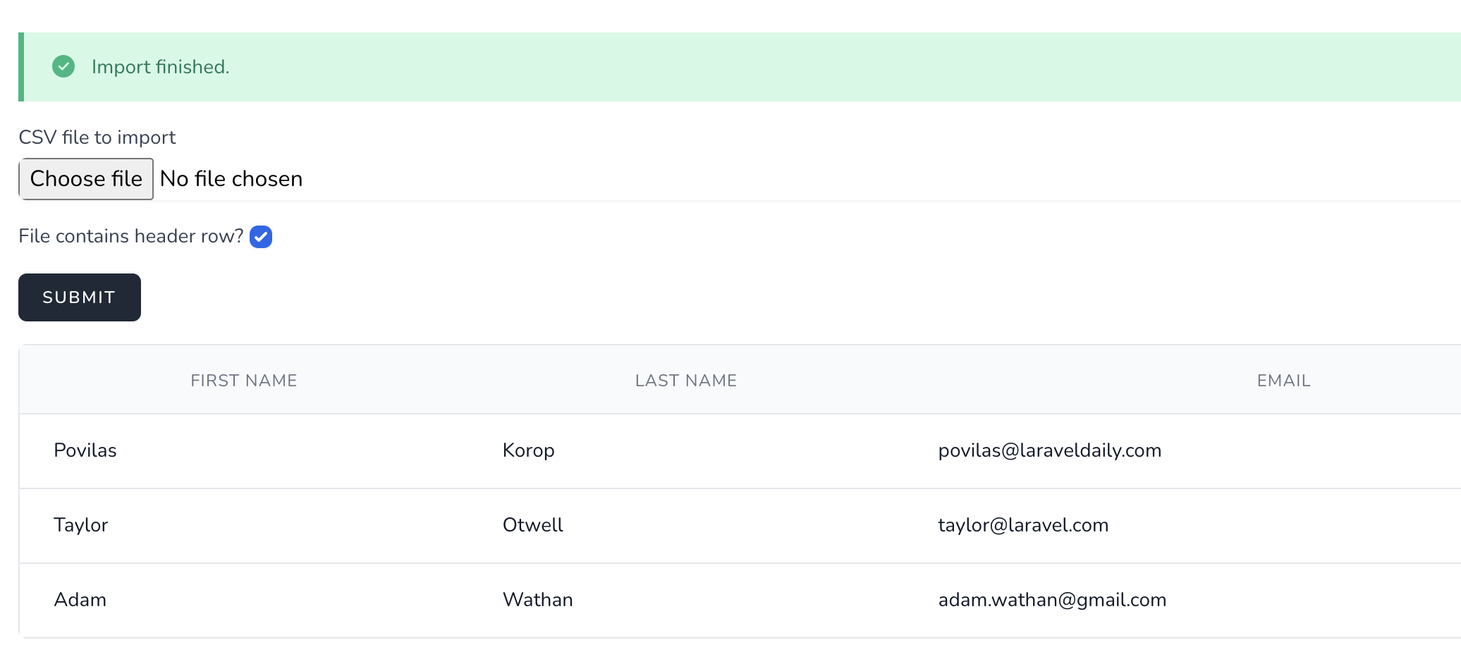 Laravel CSV Import - Result Table