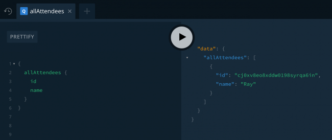GraphCool Playground showing AllAttendees query