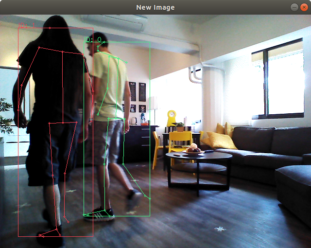 output image of two persons while walking and their drawn skeletons