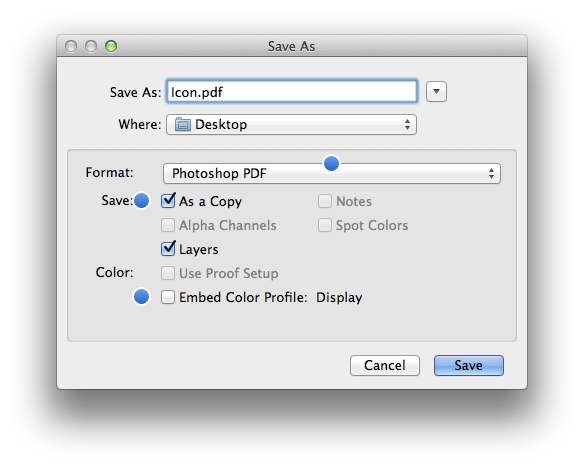 Save As… dialog. Deselect "Embed Color Profile" and optionally select "[Save] As a Copy"