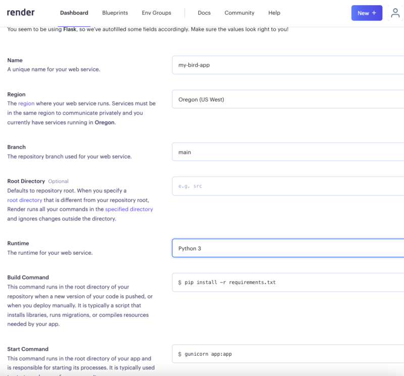 configuration screen for a web service in render. the root directory is left blank. environment is Python 3. Region is Oregon (US West). Branch is main. Build command is "pip install -r requirements.txt". start command is "gunicorn app:app"