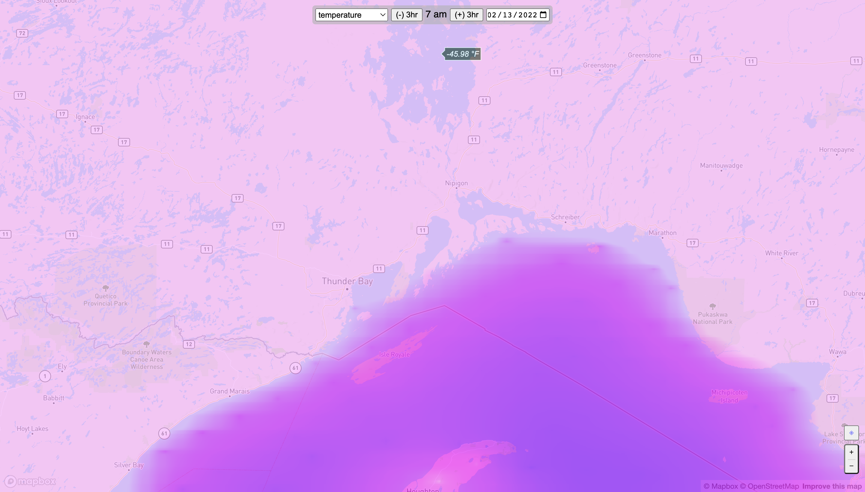 map showing lake w cold temp