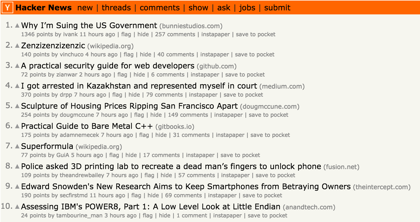 screenshot from hacker news website