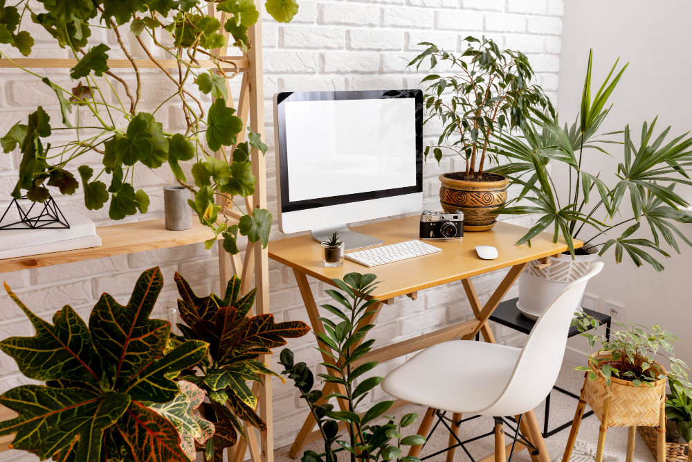 A desk with a computer surrounded with green plants