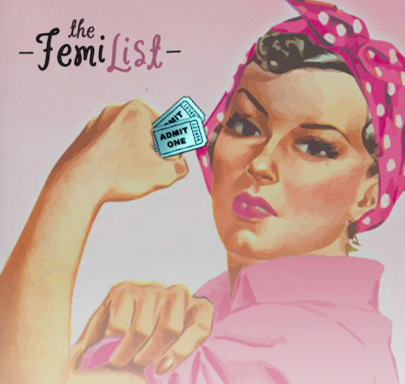 screenshot of The FemiList website banner featuring Rosie the Riveter holding movie tickets