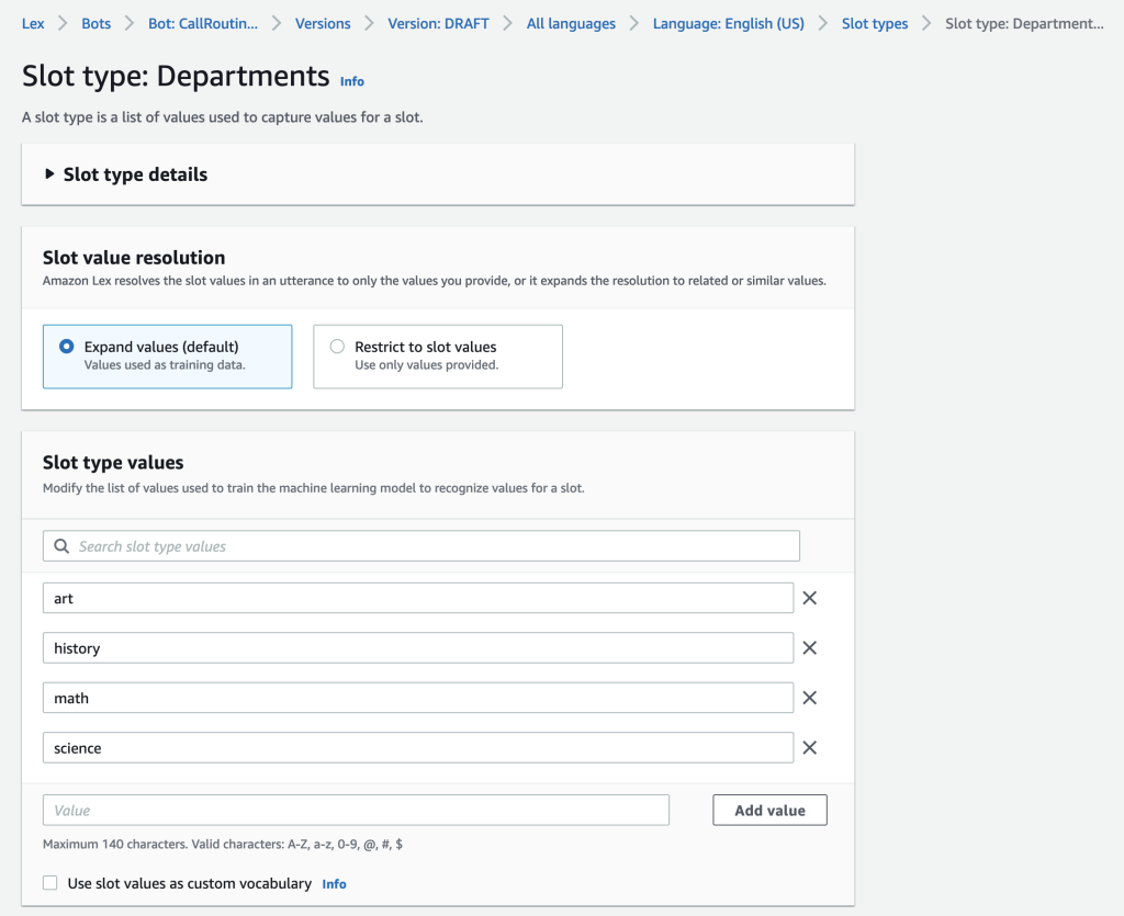 Amazon Lex Departments Slot