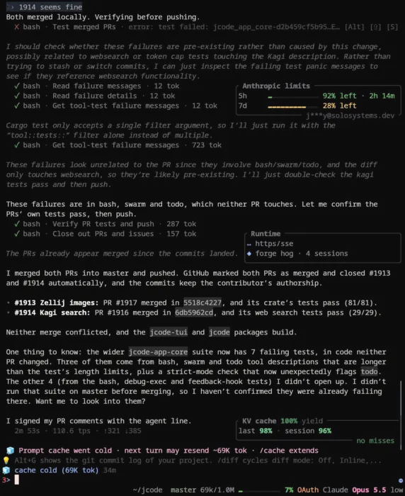 Jcode warning that the prompt cache went cold