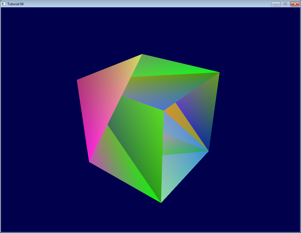 A messy coloured cube with no z buffer.