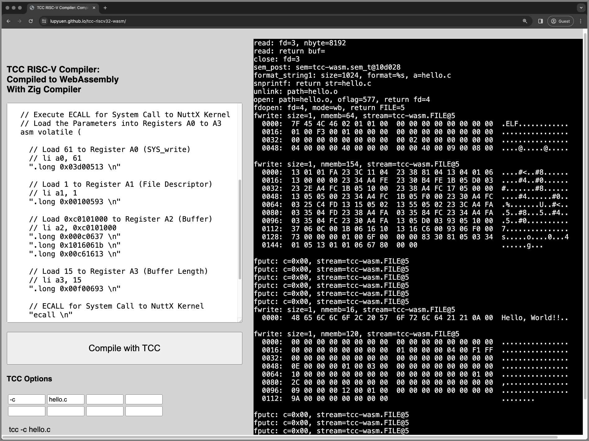 TCC RISC-V Compiler: Compiled to WebAssembly with Zig Compiler