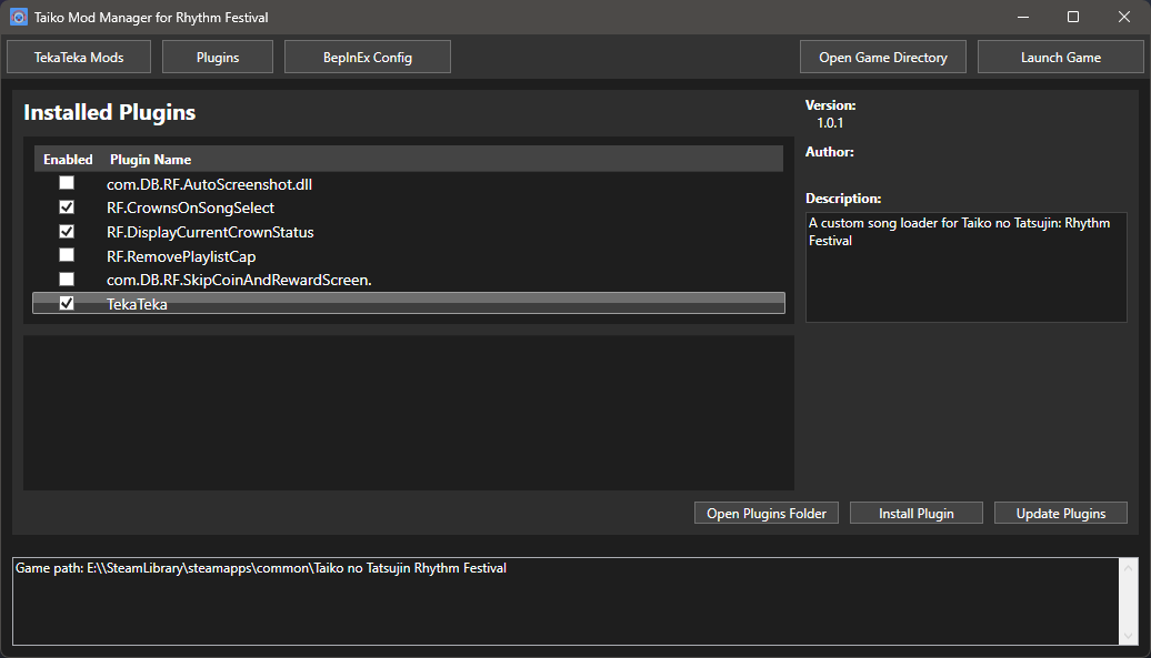 A screenshot of Taiko Mod Manager, showing the plugin manager screen.