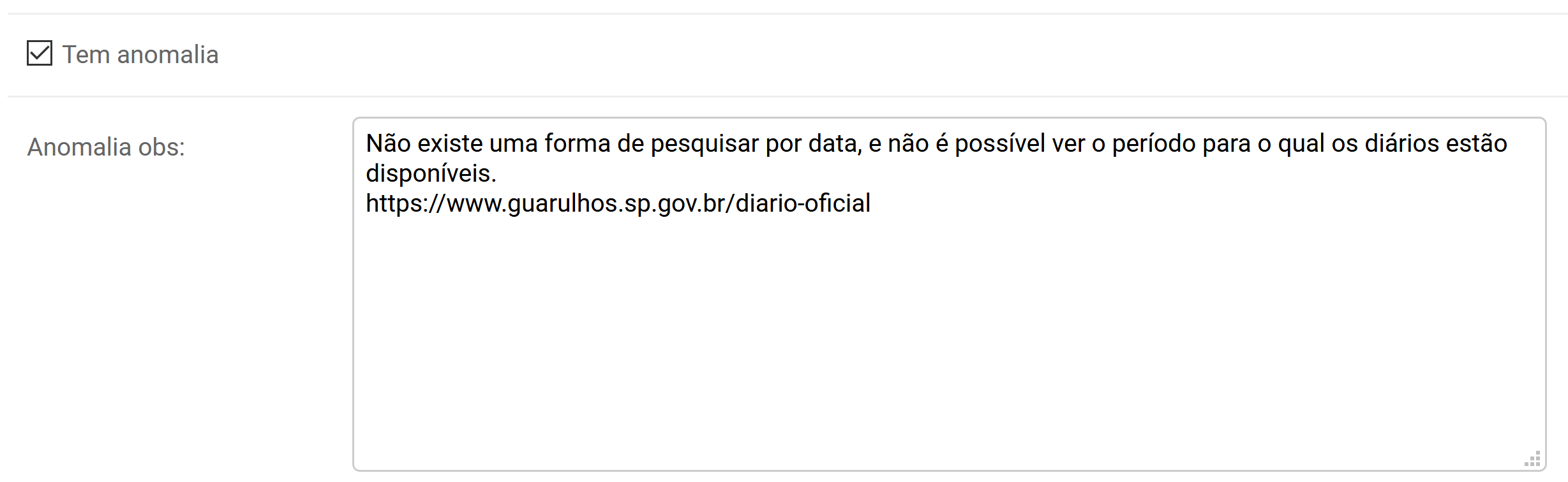 Exemplo de campo "Anomalias" para o município de Guarulhos (SP)