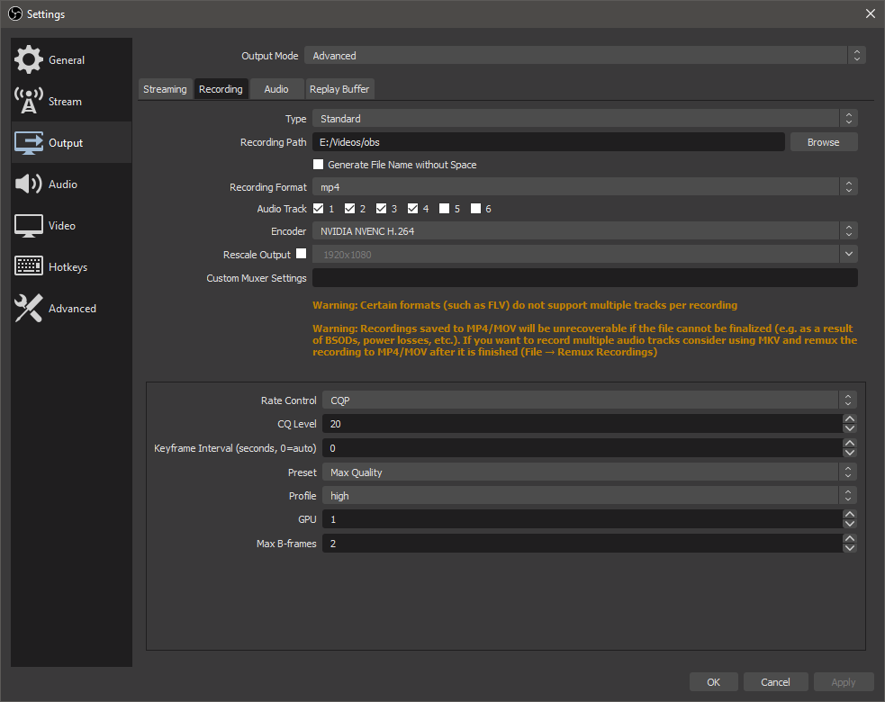 Output recording tab of OBS settings menu