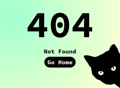 404 page, gradient background of light green top left to white bottom right, center column, at the top the status code 404 is shown in black color, below it the message 'not found' in black color and below it a button with the label 'Go home' in white color inside a pill shaped black background, at the bottom right corner a silhouette of a black cat directly looking at the user