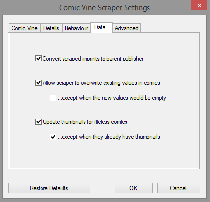 The 'Data' panel of the settings dialog.