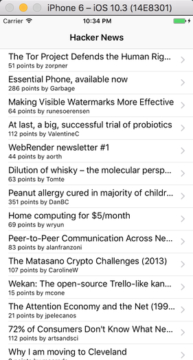 View of the HackerNews app for iOS running on an iPhone