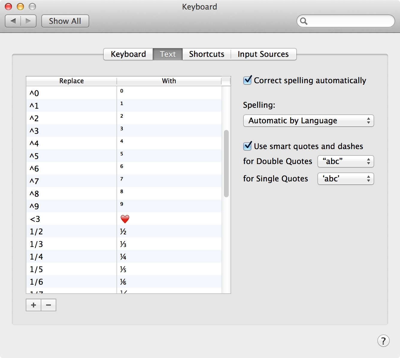 Screenshot of Keyboard Text Shortcuts