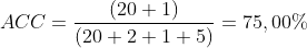  ACC=\frac{(20 + 1)}{(20+ 2 + 1 + 5)}= 75,00% 