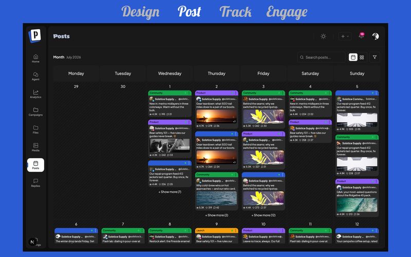 Post — the posts calendar with scheduled posts across channels