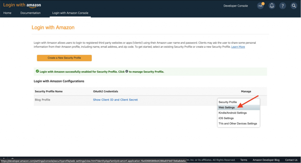 Screenshot of Login with Amazon console showing location of Web Settings link