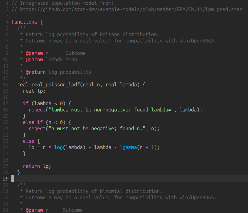 Screenshot of stan-vim syntax highlighting