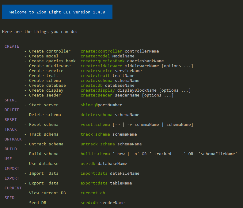 Zion light commands