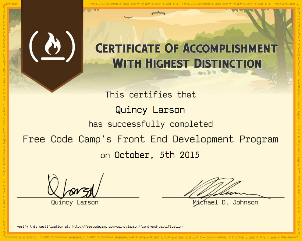 An image of a sample Front End Development Certificate