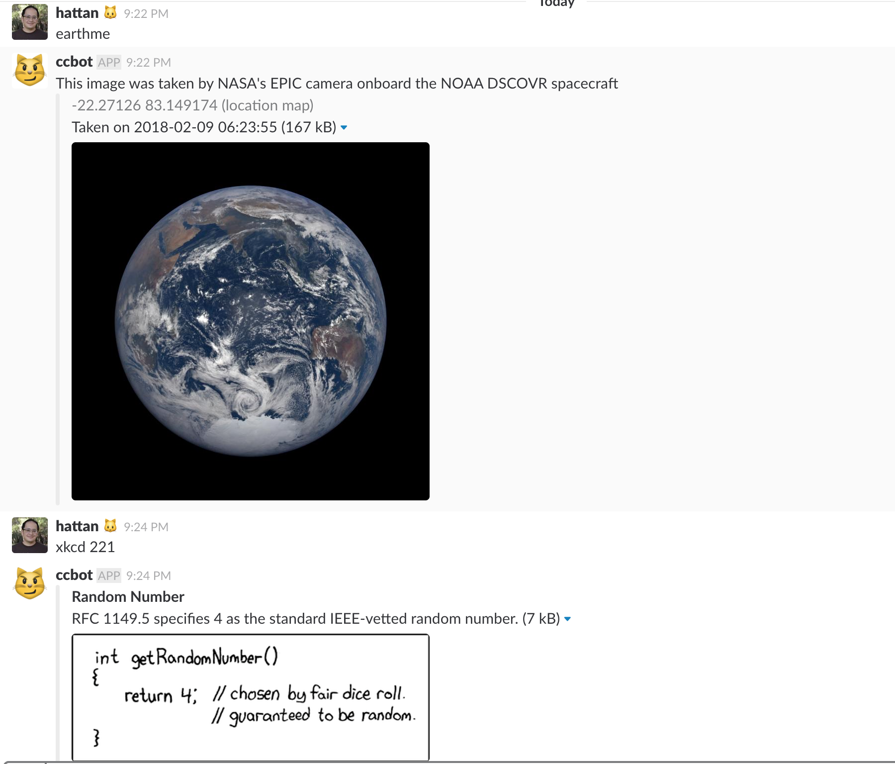 Image of ccbot invoking earthme and xkcd