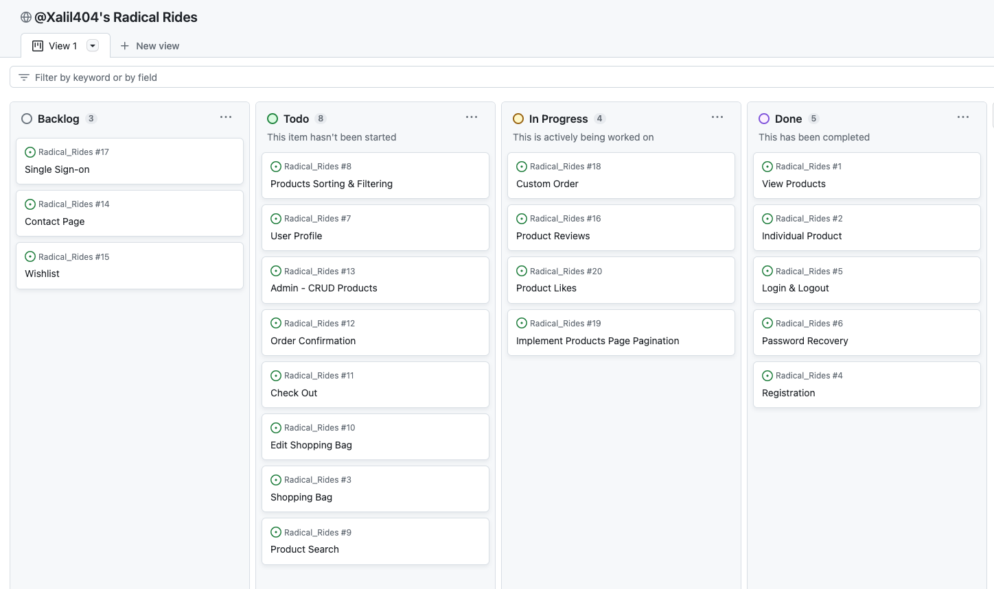 image of the Radical Rides project agile kanban board