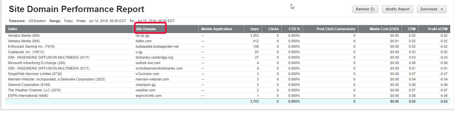 if you run a "Site Domain Performance" report you can pull the Seller and Domain/App, but not the placement ID, eg: