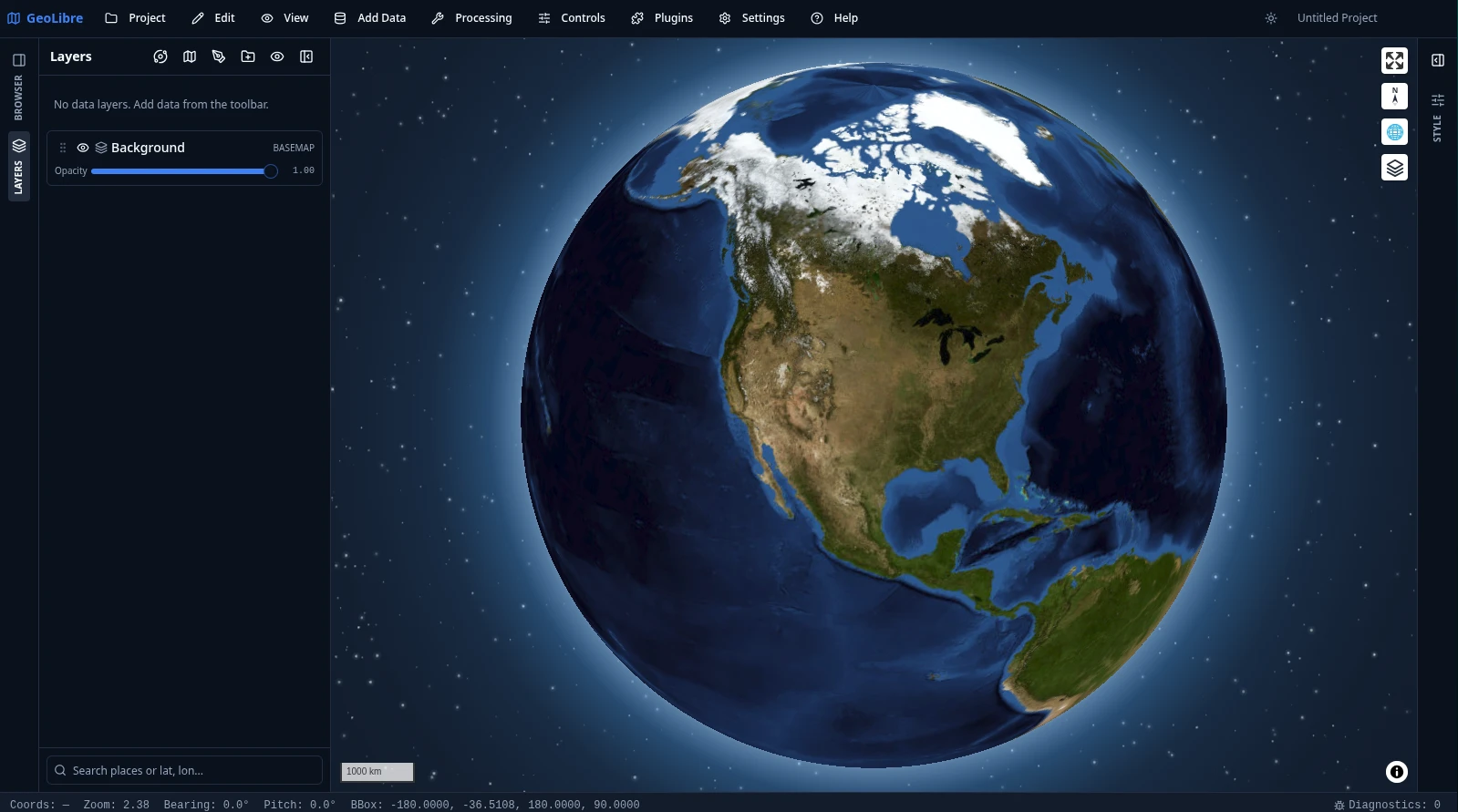 GeoLibre globe view of Earth over a starfield backdrop
