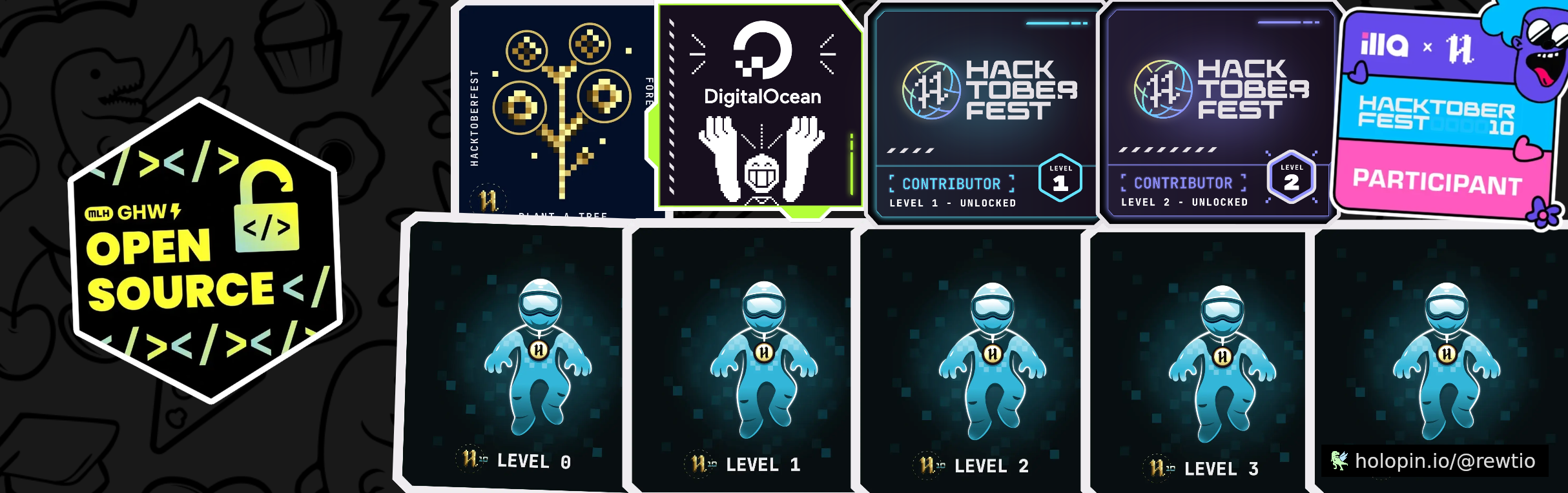 An image of @rewtio's Holopin badges, which is a link to view their full Holopin profile