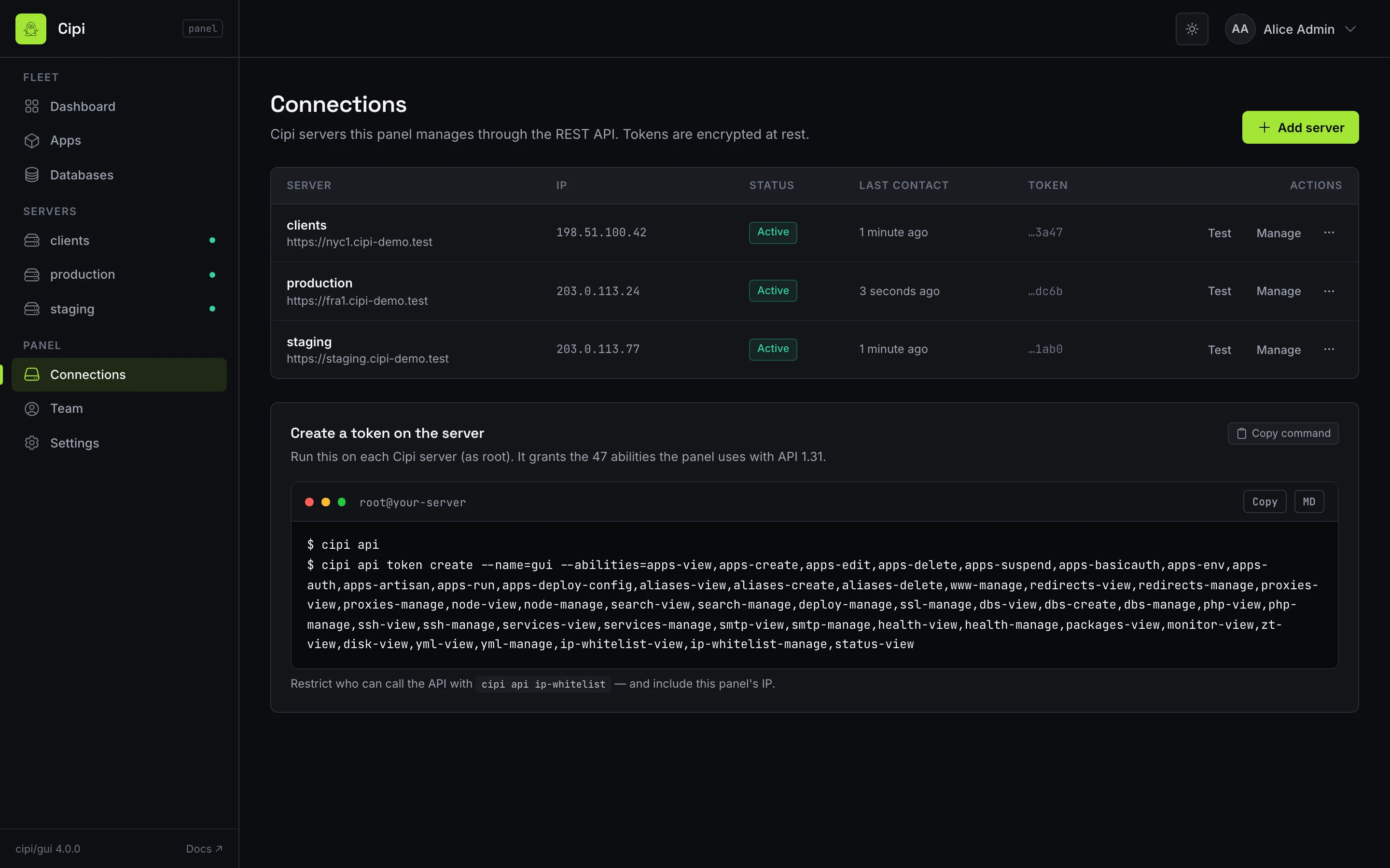 Connections page with several servers