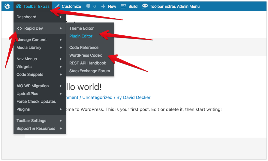 Toolbar Extras - optional "Dev Mode" - links for developers, including the Code Editors