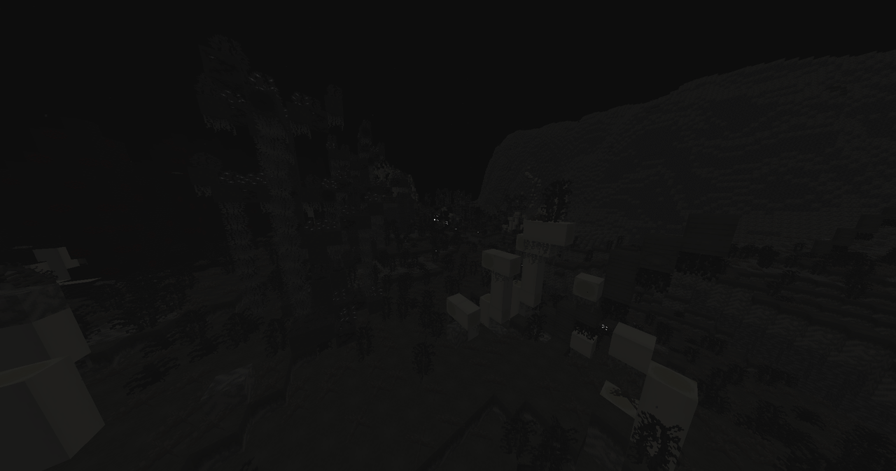A thick black forest with ruins of an ancient civilization