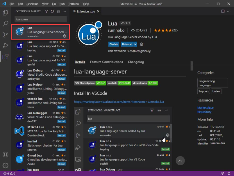 capture d'écran de Visual Studio Code avec l'onglet "Extensions"