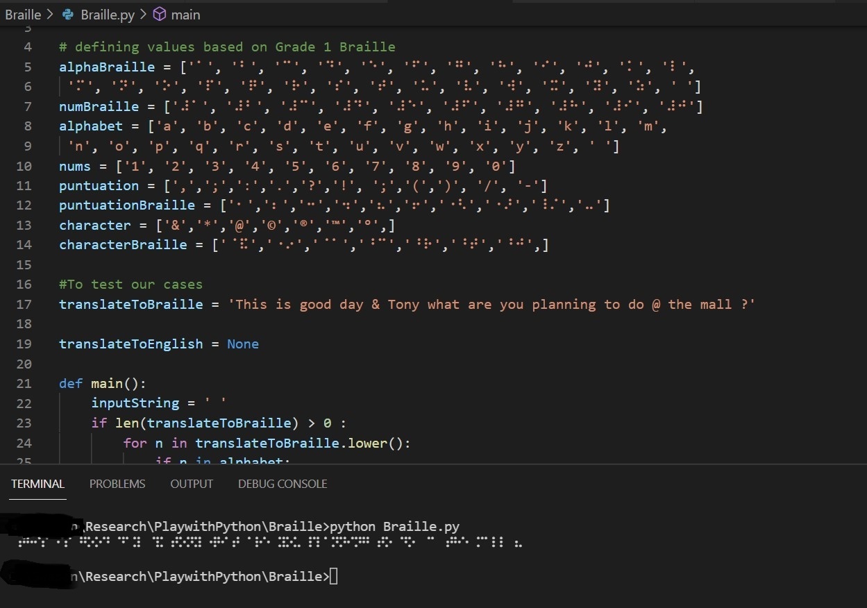 output in braille shown in Visual Studio