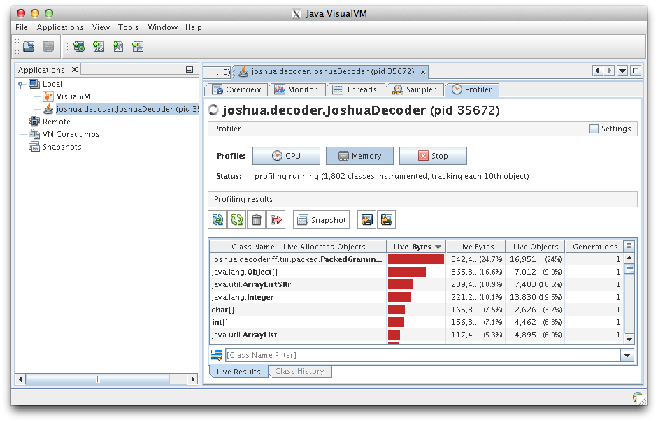 jvisualvm window with Joshua process