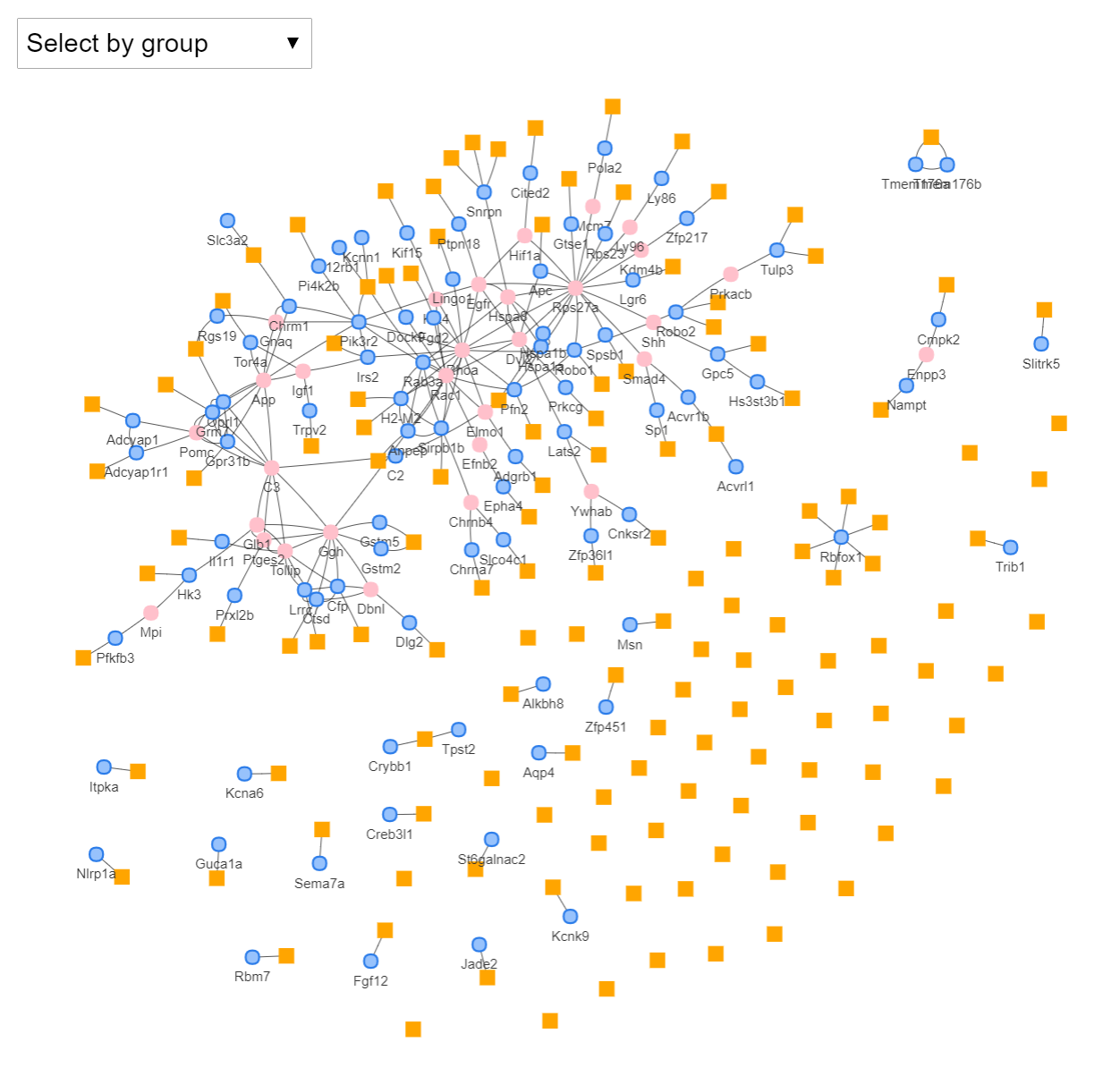 This is the image returned by the function. In the left upper box it is possible to select only a group to be viewed in the plot (lncRNA, Seed Connector and Seed Protein).