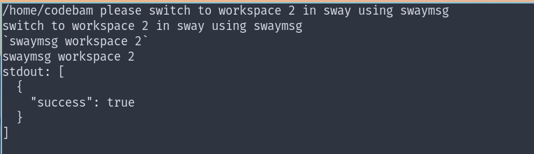 terminal showing switching to workspace 2 in sway using please