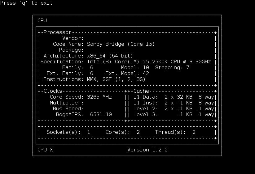 CPU-X on ArchLinux x86_64 (under VirtualBox), NCurses 5.9 (terminal)