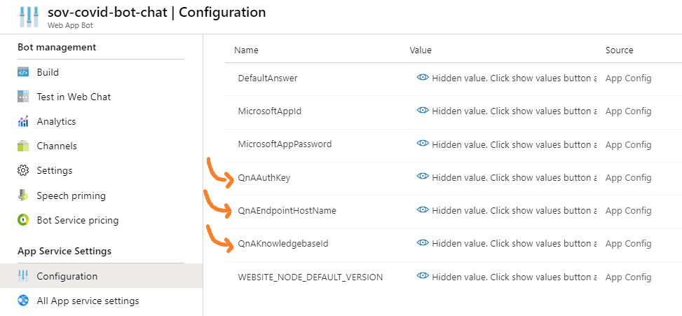 Web App Bot > Configuration > QnA Keys